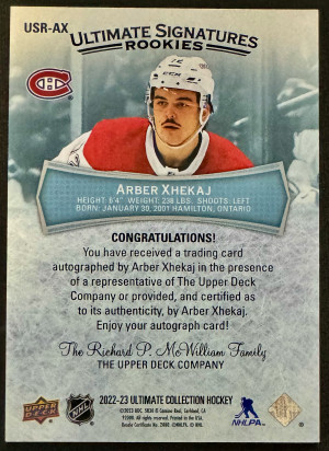 2022-23 Ultimate Collection Arber Xhekaj Ultimate Signatures Rookies Auto back